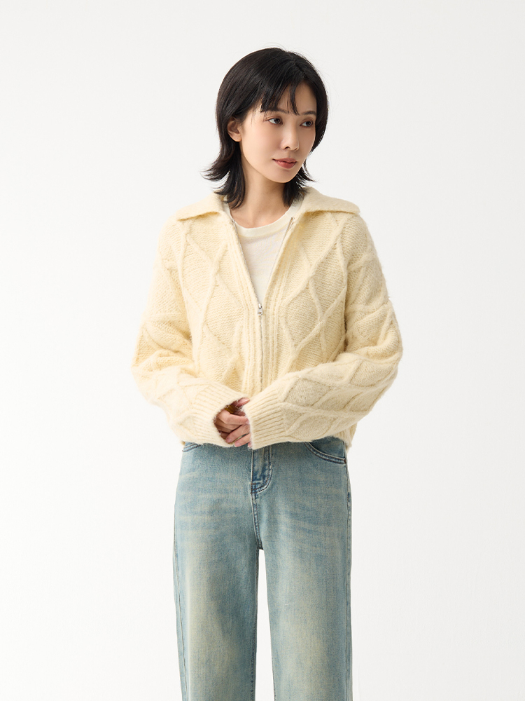 2603 翻領麻花雙拉鏈針織上衣（10%羊毛）