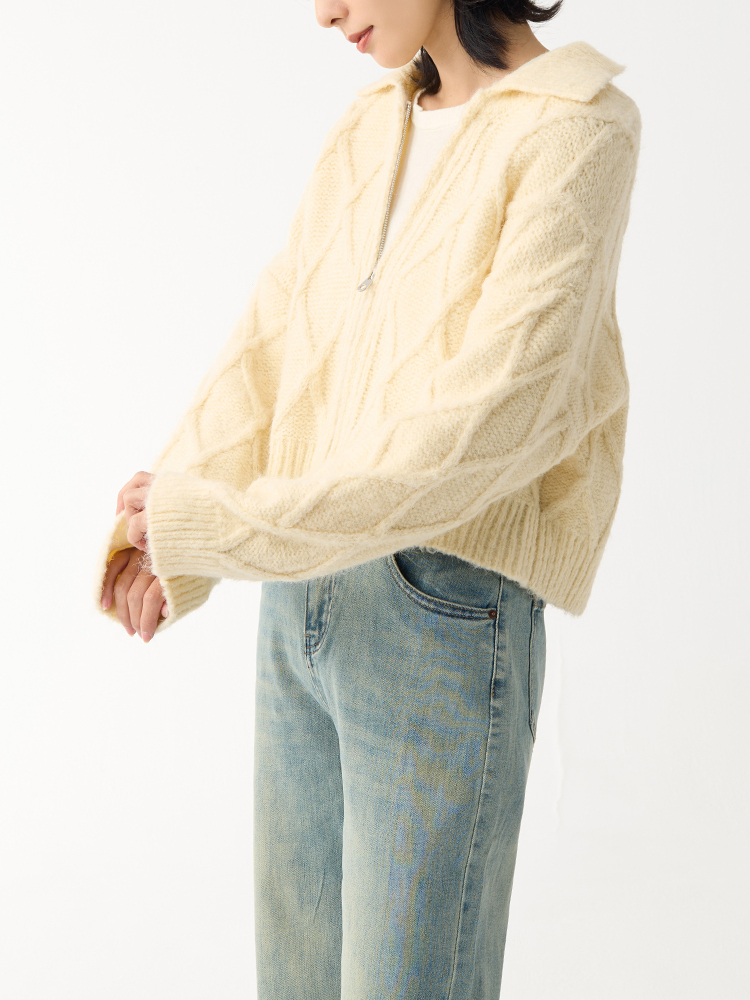 2603 翻領麻花雙拉鏈針織上衣（10%羊毛）