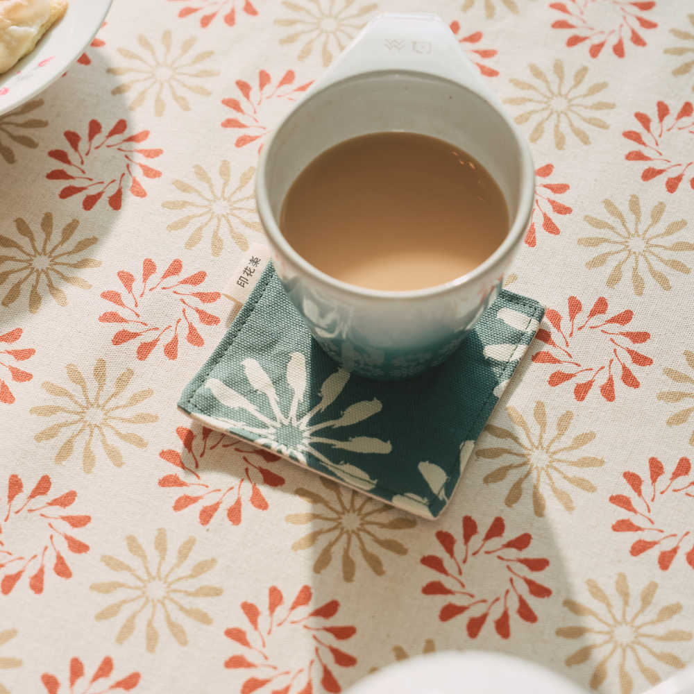 印花布杯墊二入組-10x10/烏秋圈圈/水鴨綠色