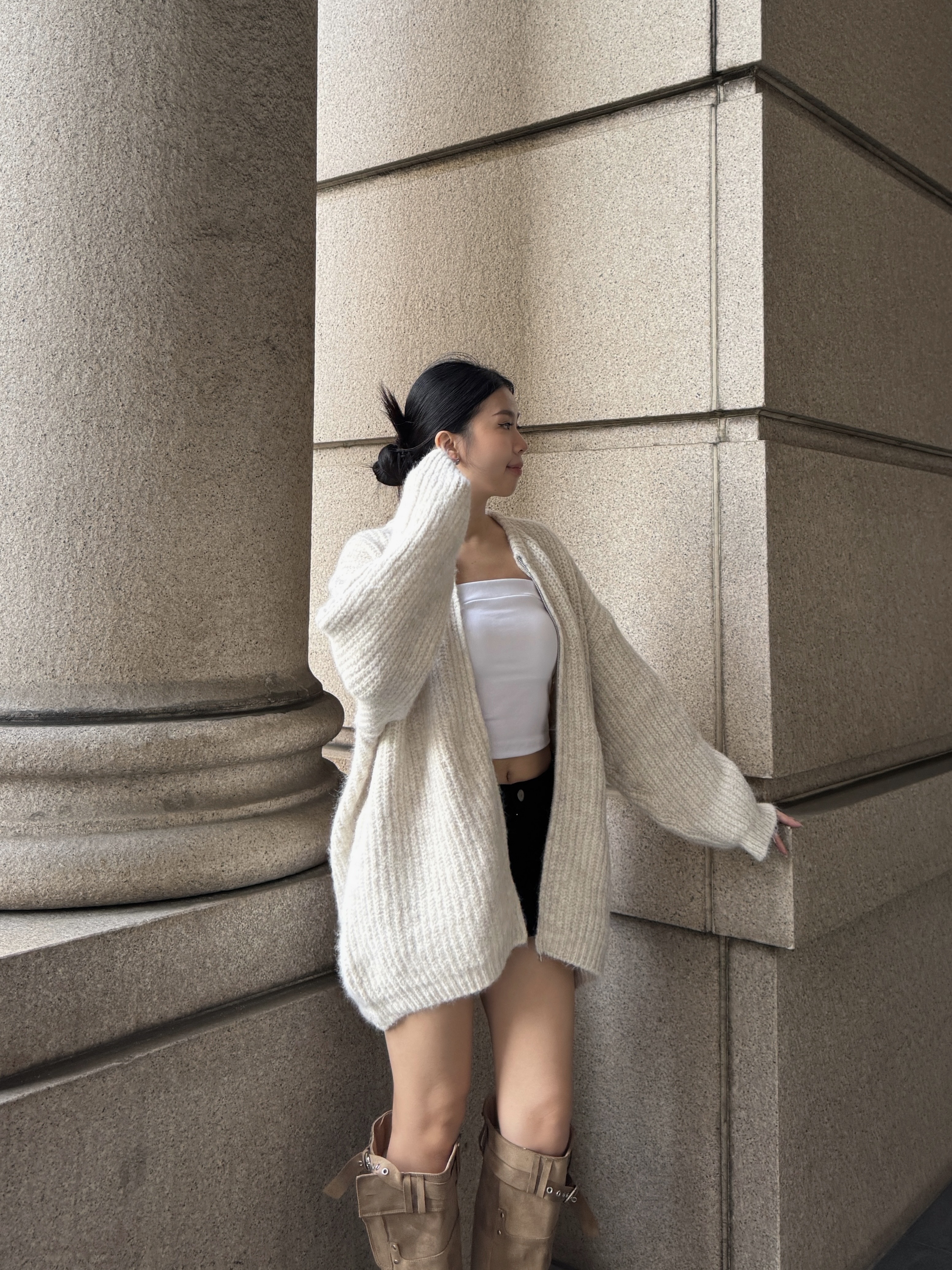 兩穿☁️Oversized毛絨感圓領拉鏈上衣(2色)