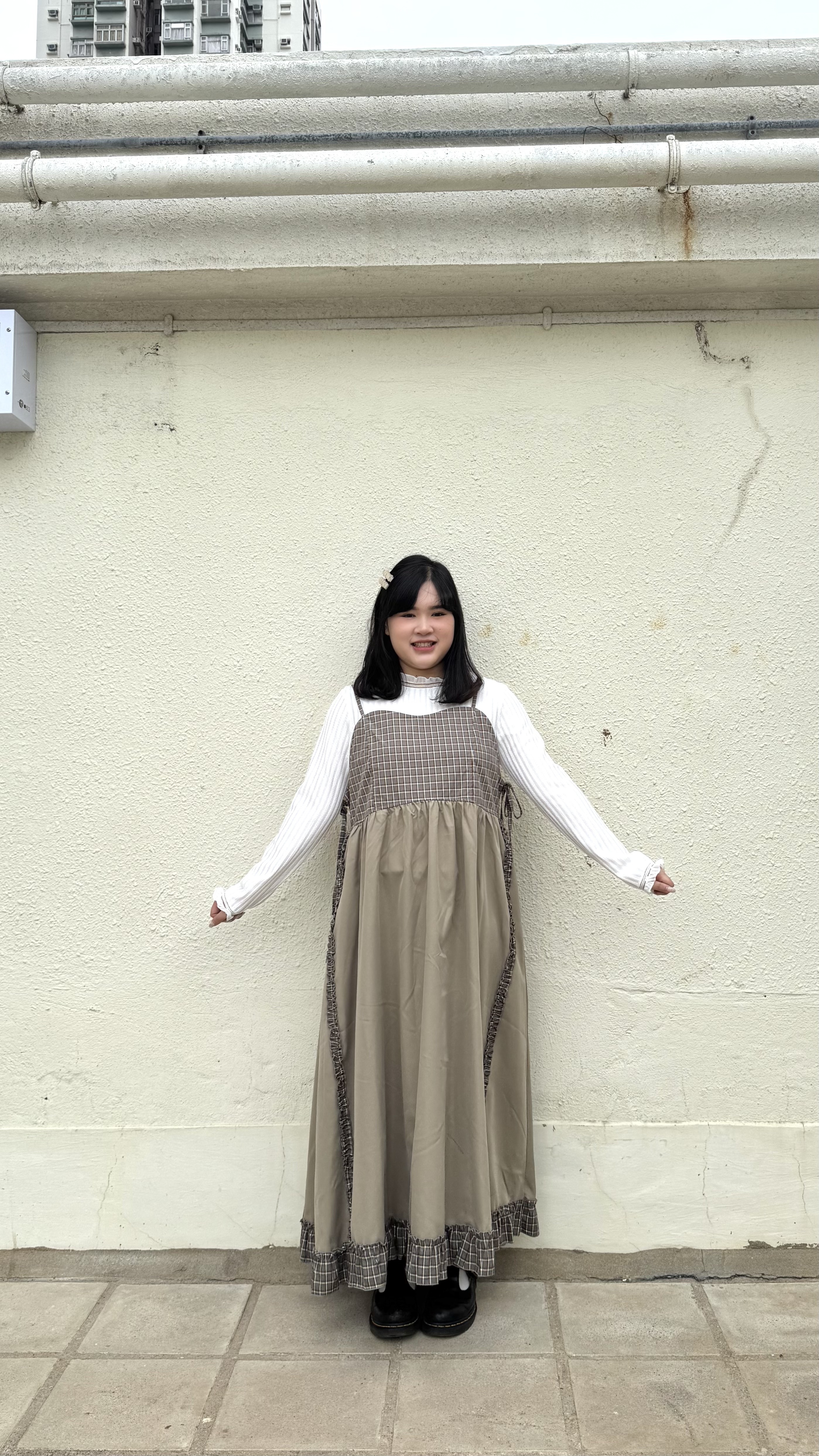 格紋拼布斜Ruffle邊OPS