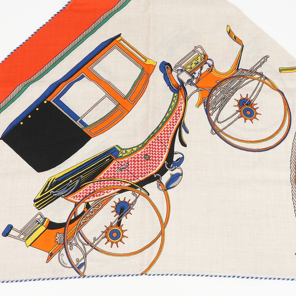 【Hermès】Les Voitures 旅行馬車造型三角巾(橘色/自然色/黃色)