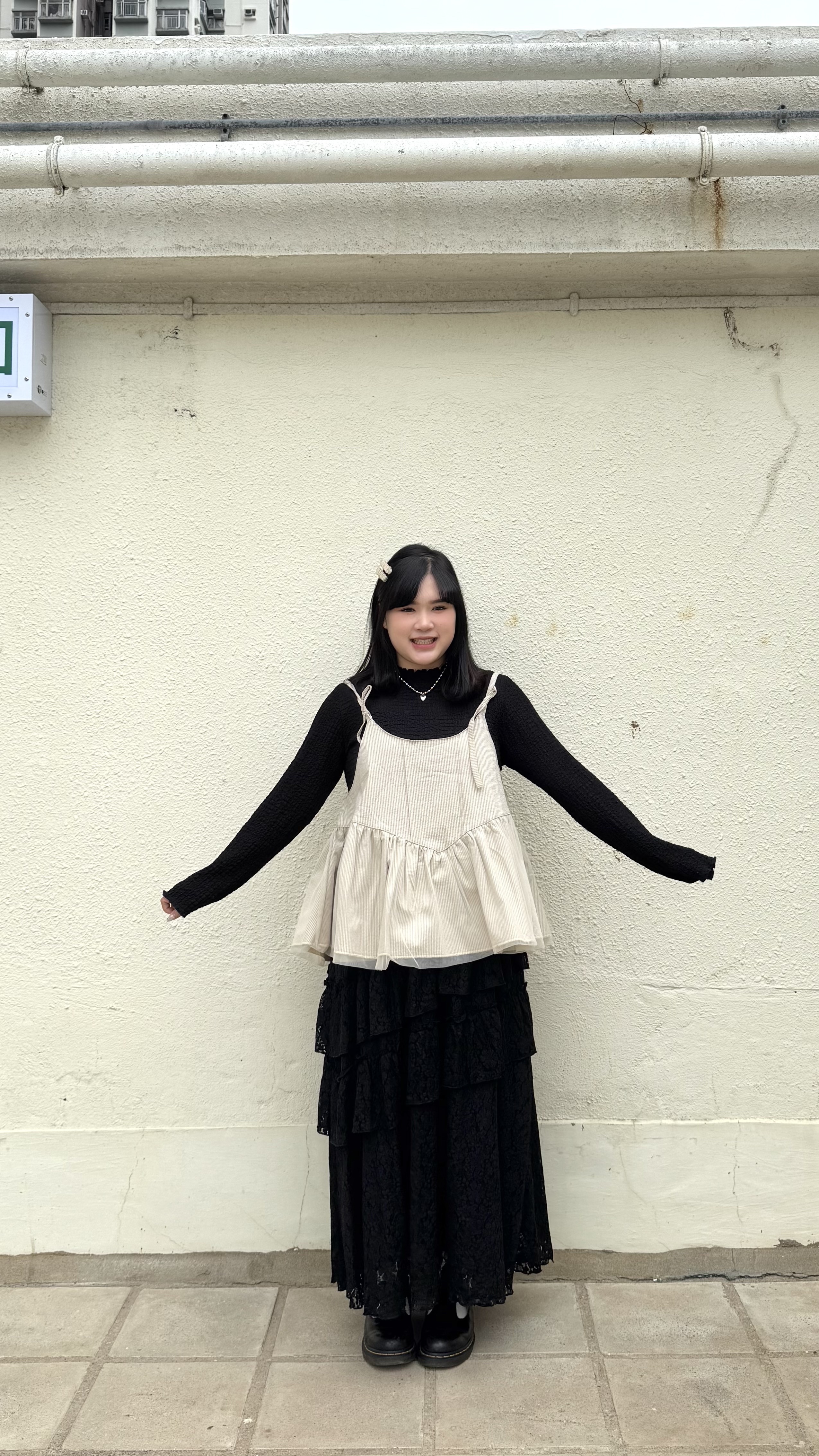 直紋拼紗綁結吊帶