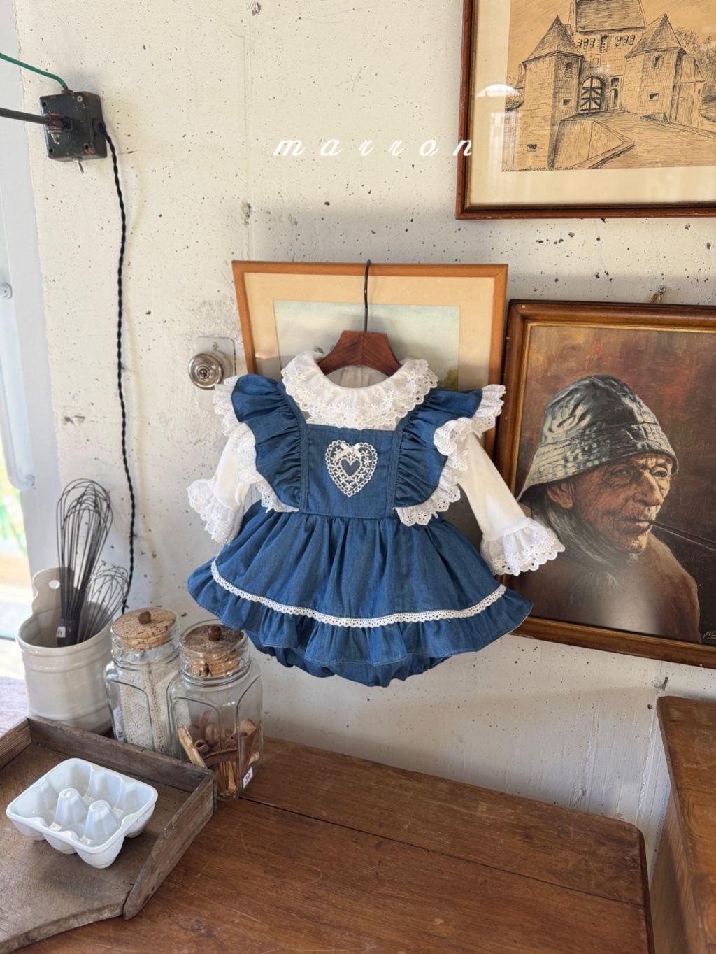 韓國🇰🇷marron蕾絲愛心牛仔吊帶包屁裙(6-18m)