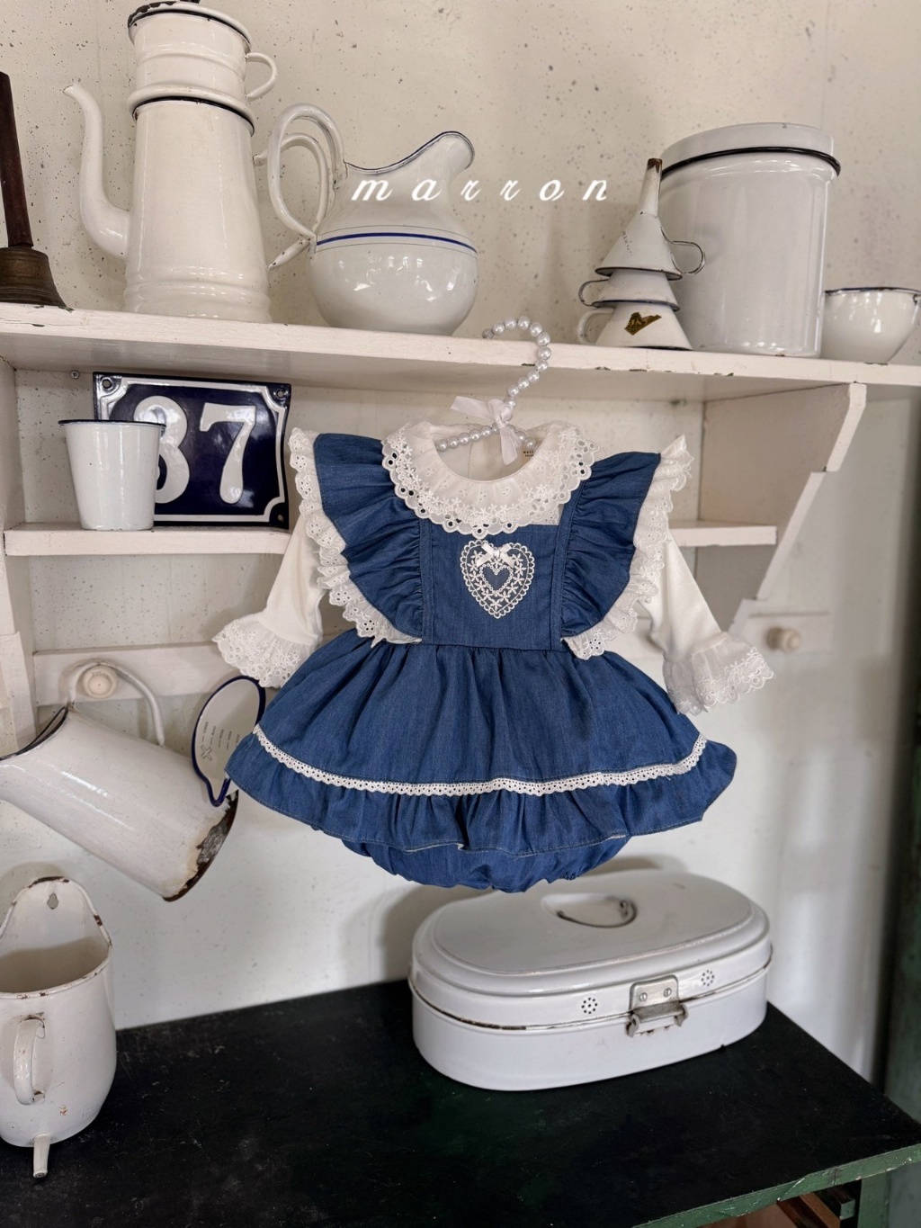 韓國🇰🇷marron蕾絲愛心牛仔吊帶包屁裙(6-18m)