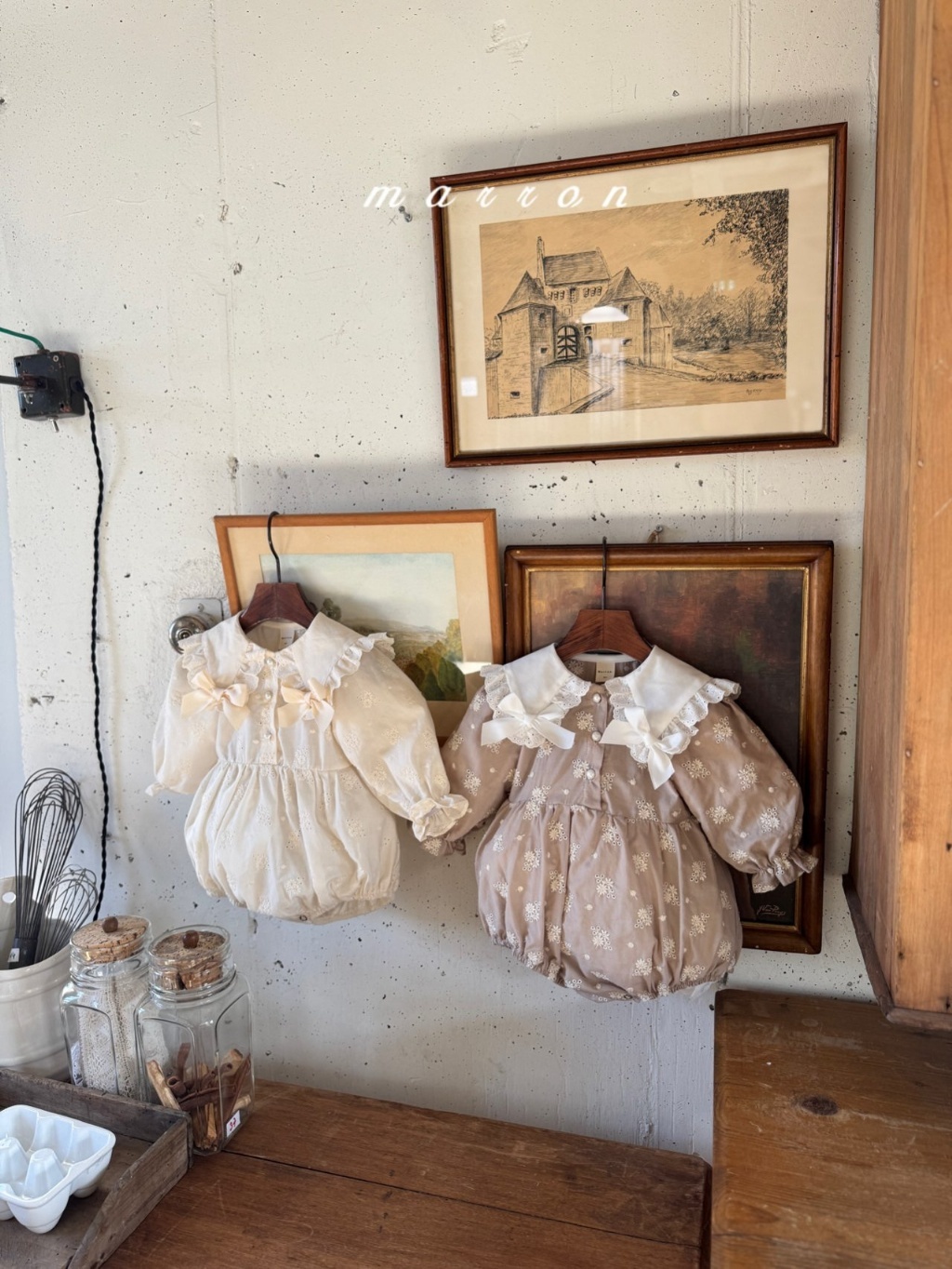 韓國🇰🇷marron 蝴蝶結蕾絲領雕花包屁衣(6-18m)