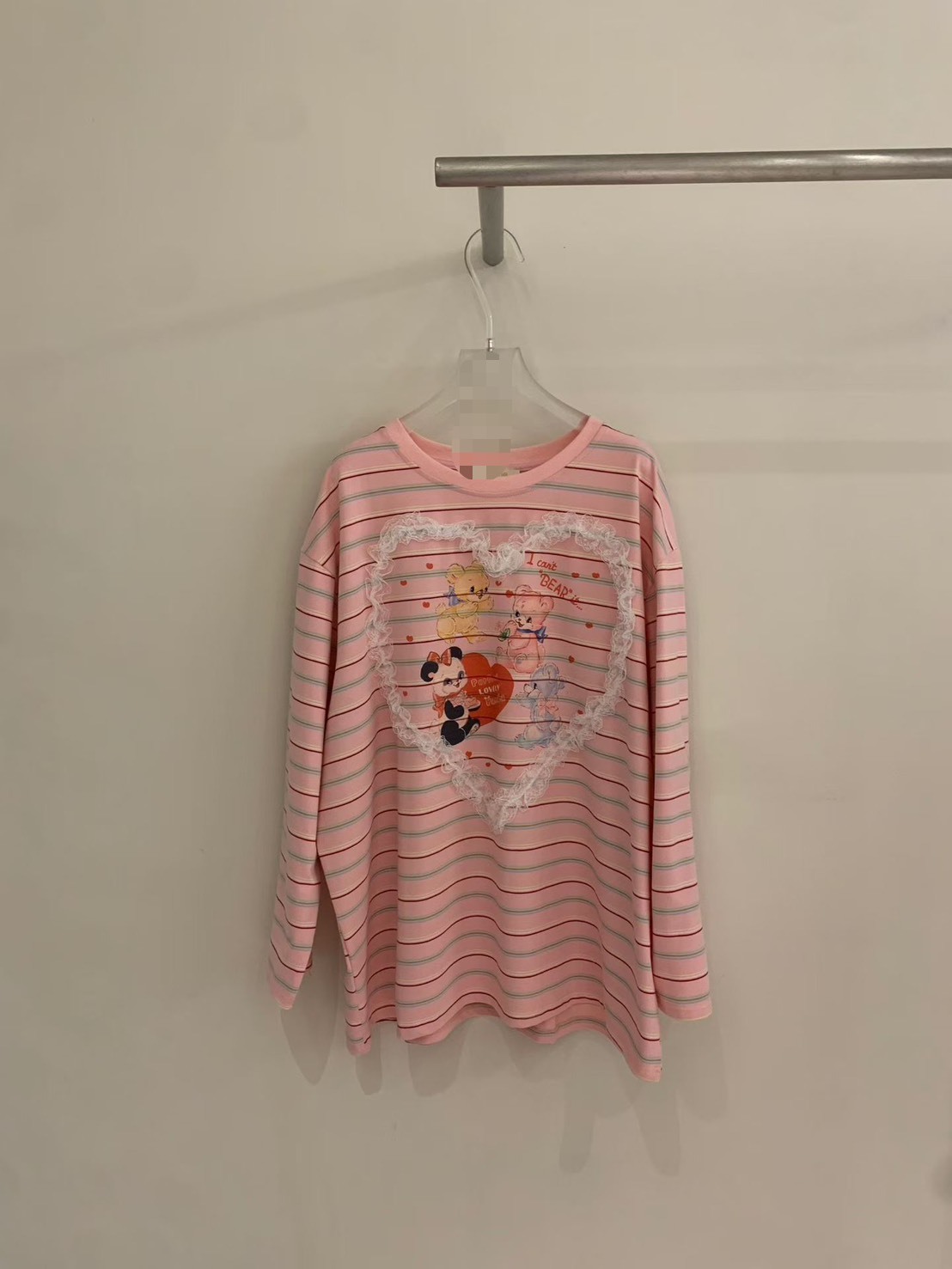 粉紅條紋愛心玩偶長袖T