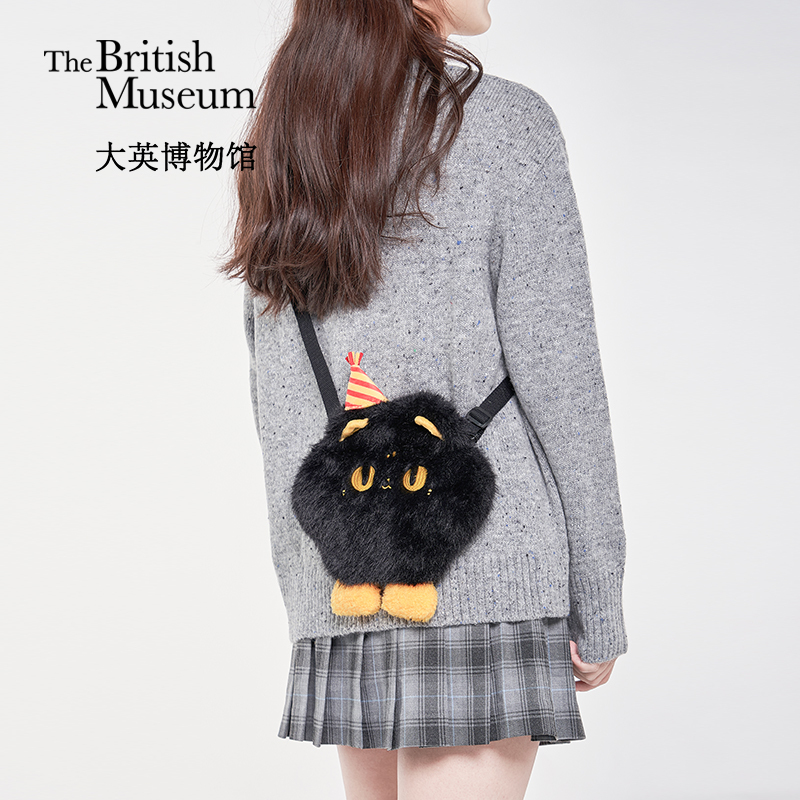 大英博物館｜安德森貓和她的朋友們系列｜長毛絨貓爪表情斜挎包手機包-黑色