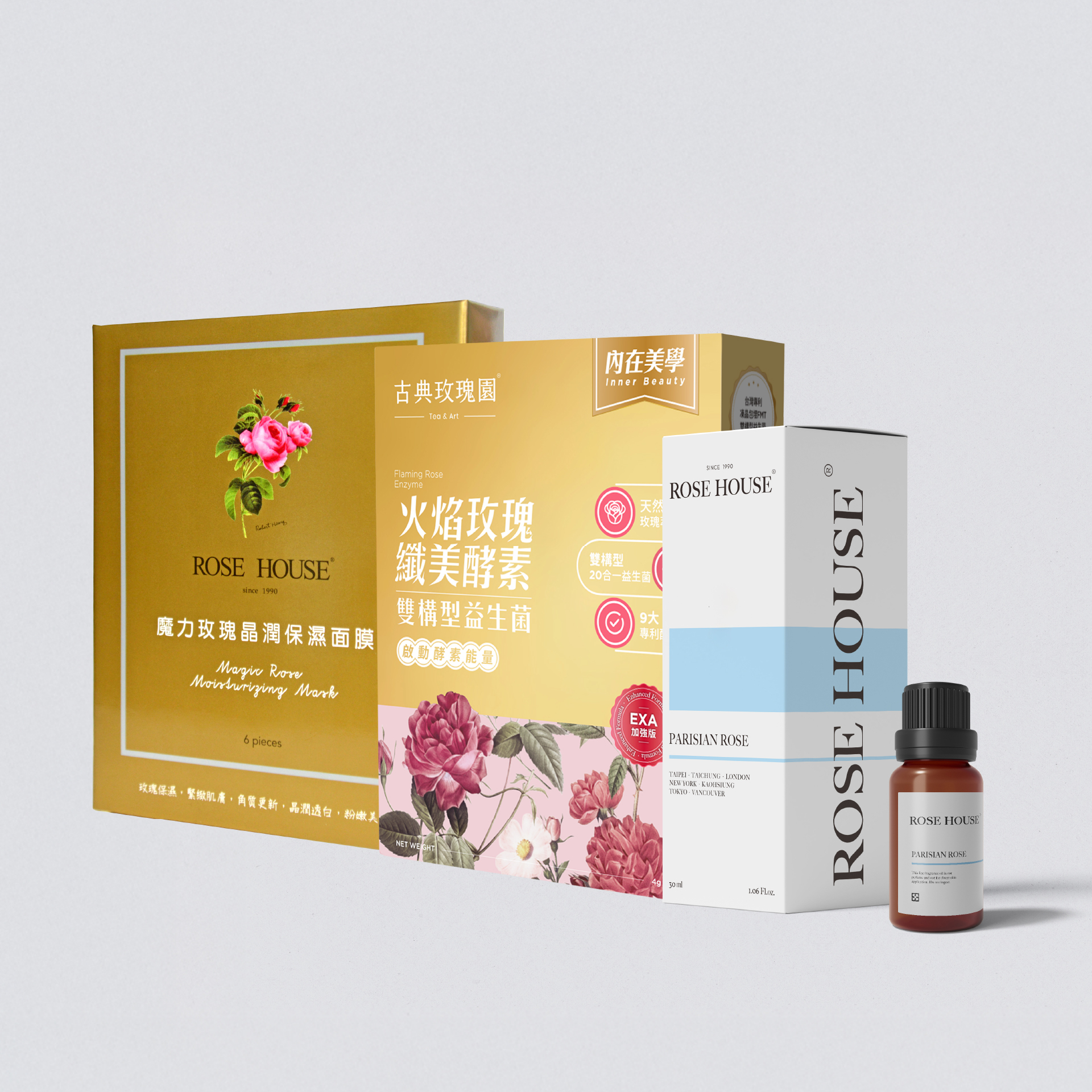 【玫瑰女王養成組】火焰玫瑰纖美酵素x3 | 玫瑰晶潤保濕面膜x2 | 巴黎玫瑰薰香精油x1