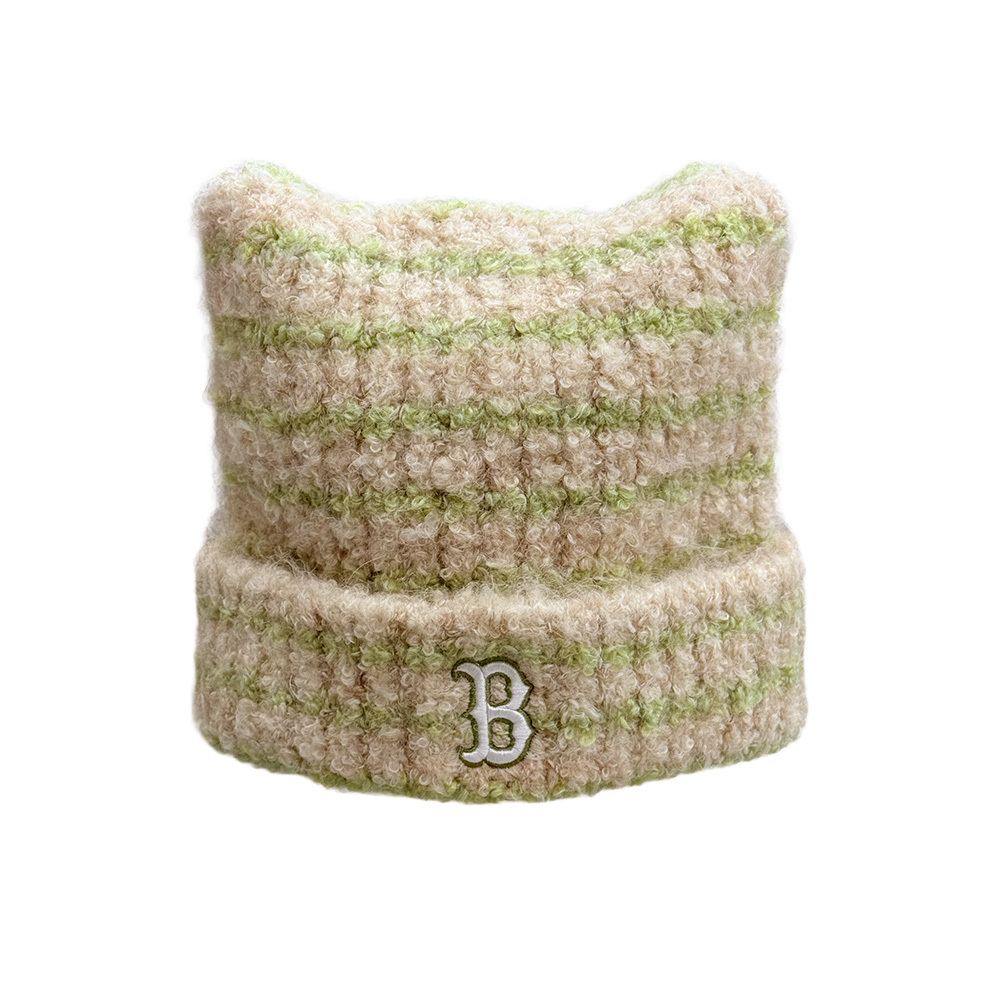 MLB 貓耳針織毛帽 杏綠條紋 Karina同款 3ABNB1656GP006-OL