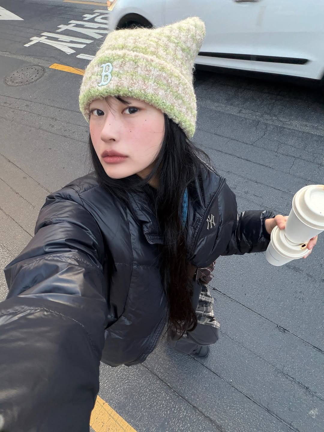 MLB 貓耳針織毛帽 杏綠條紋 Karina同款 3ABNB1656GP006-OL