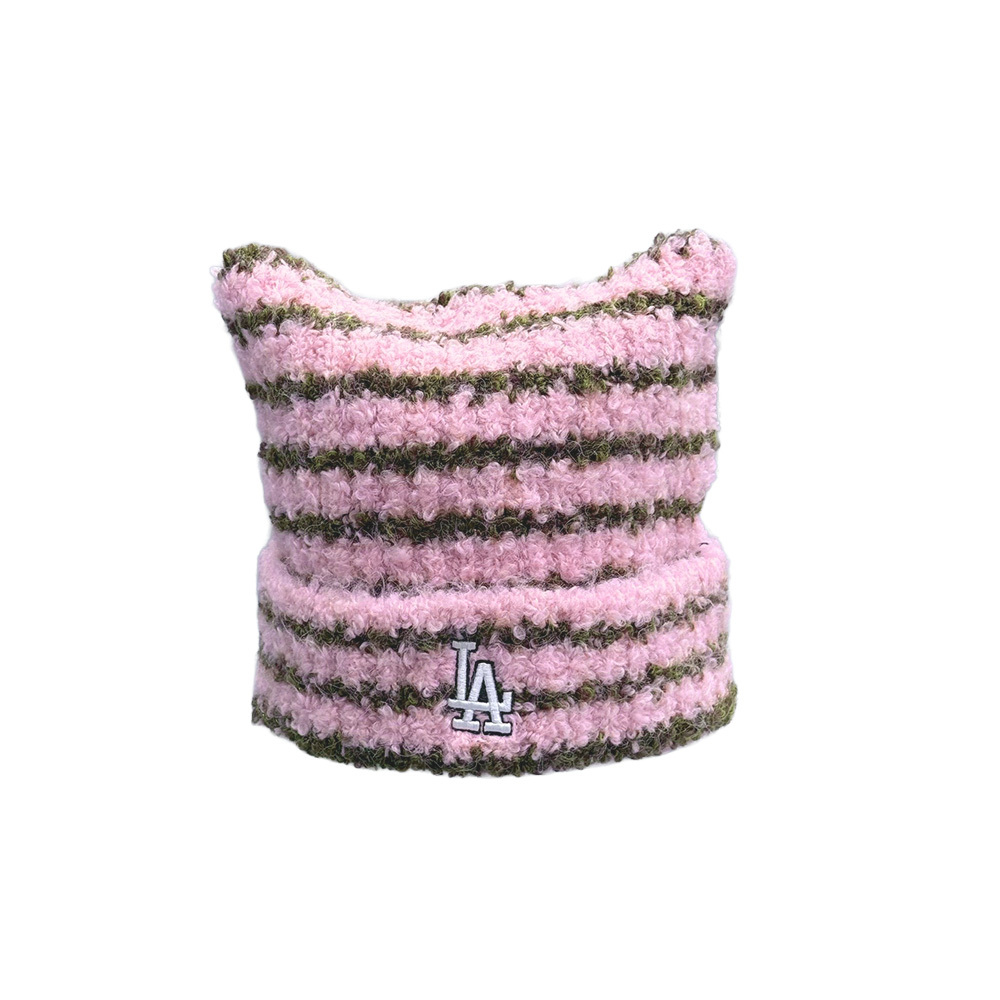 MLB 貓耳針織毛帽 粉咖條紋 Karina同款 3ABNB1656GP006-PK