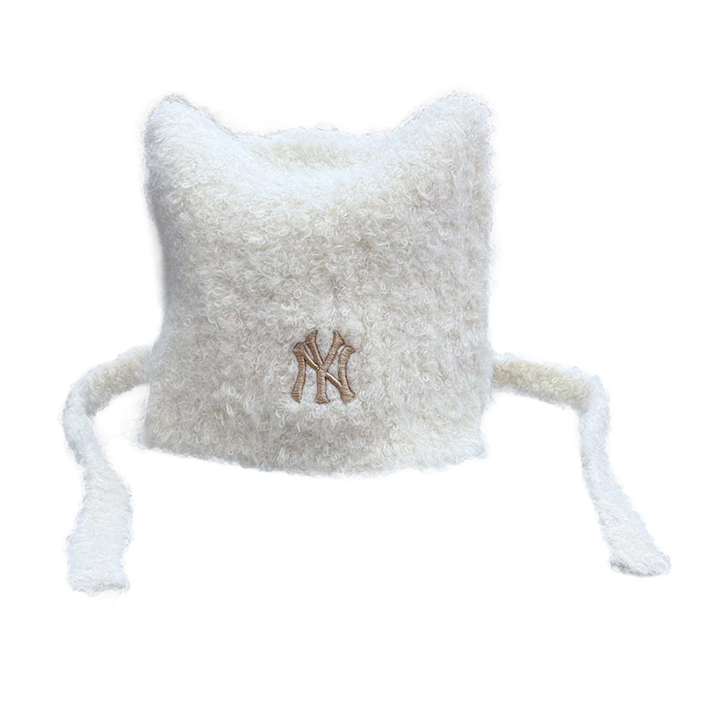 MLB 貓耳針織吊帶毛帽 白 3ABNV0756GP011-WH