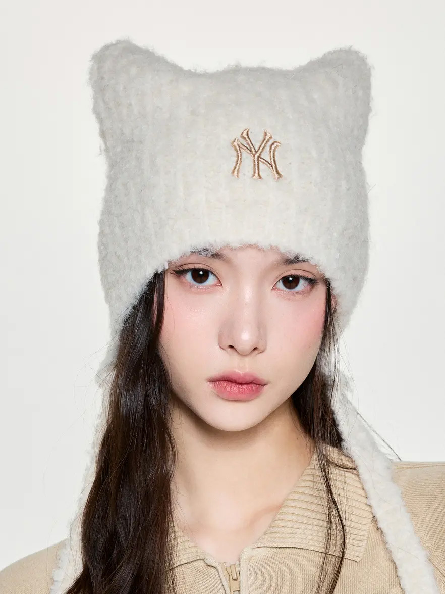 MLB 貓耳針織吊帶毛帽 白 3ABNV0756GP011-WH