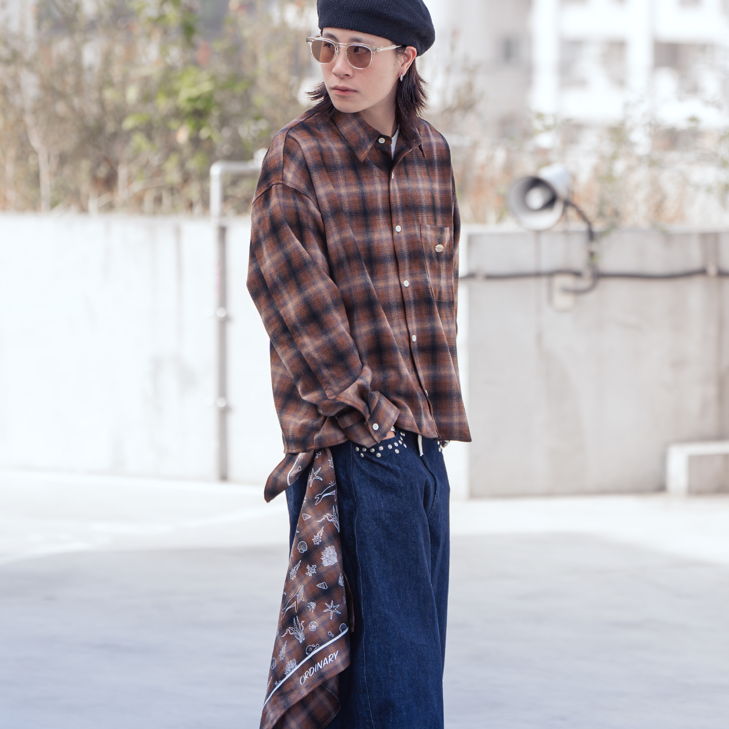 ORDINARY Tag Cropped Check Shirt 鐵牌短版漸層 格紋襯衫