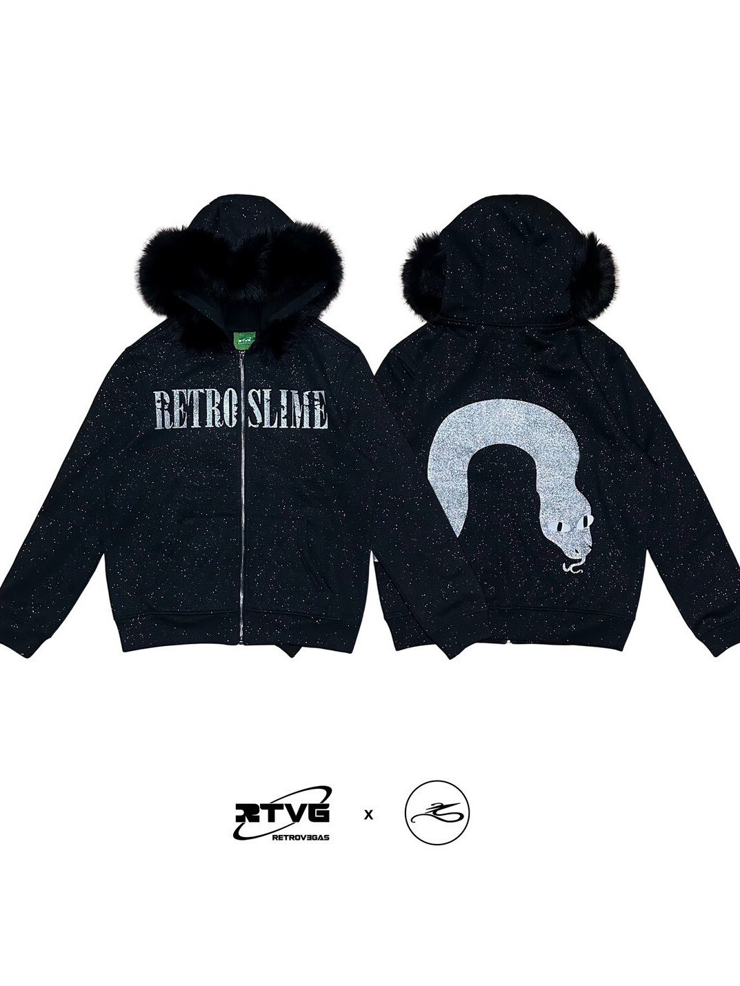 RTVG x SLIME LOVE 限量聯名 閃粉星空灰蛇 斑駁雙Logo 可拆卸毛領 短版連帽外套