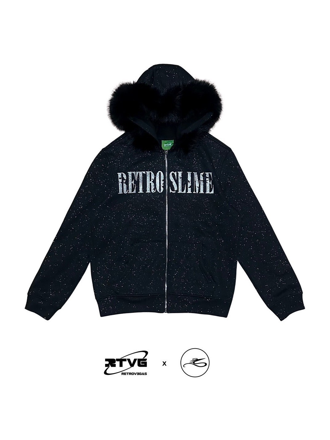 RTVG x SLIME LOVE 限量聯名 閃粉星空灰蛇 斑駁雙Logo 可拆卸毛領 短版連帽外套