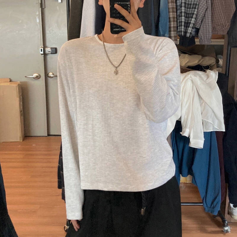 老錢風圓領華夫格細條紋親膚長袖T-Shirt