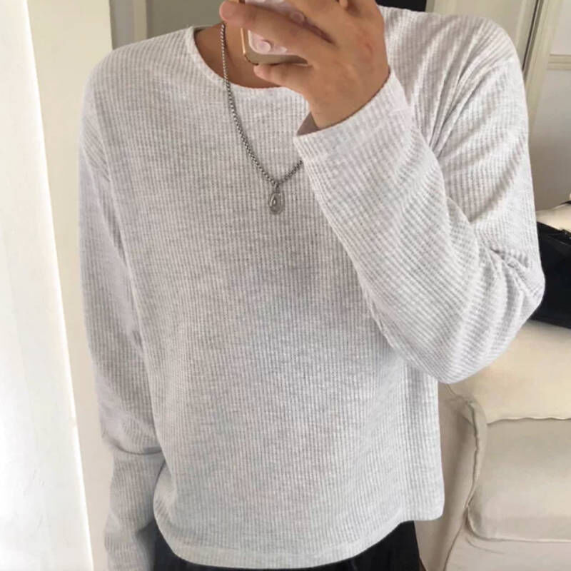 老錢風圓領華夫格細條紋親膚長袖T-Shirt