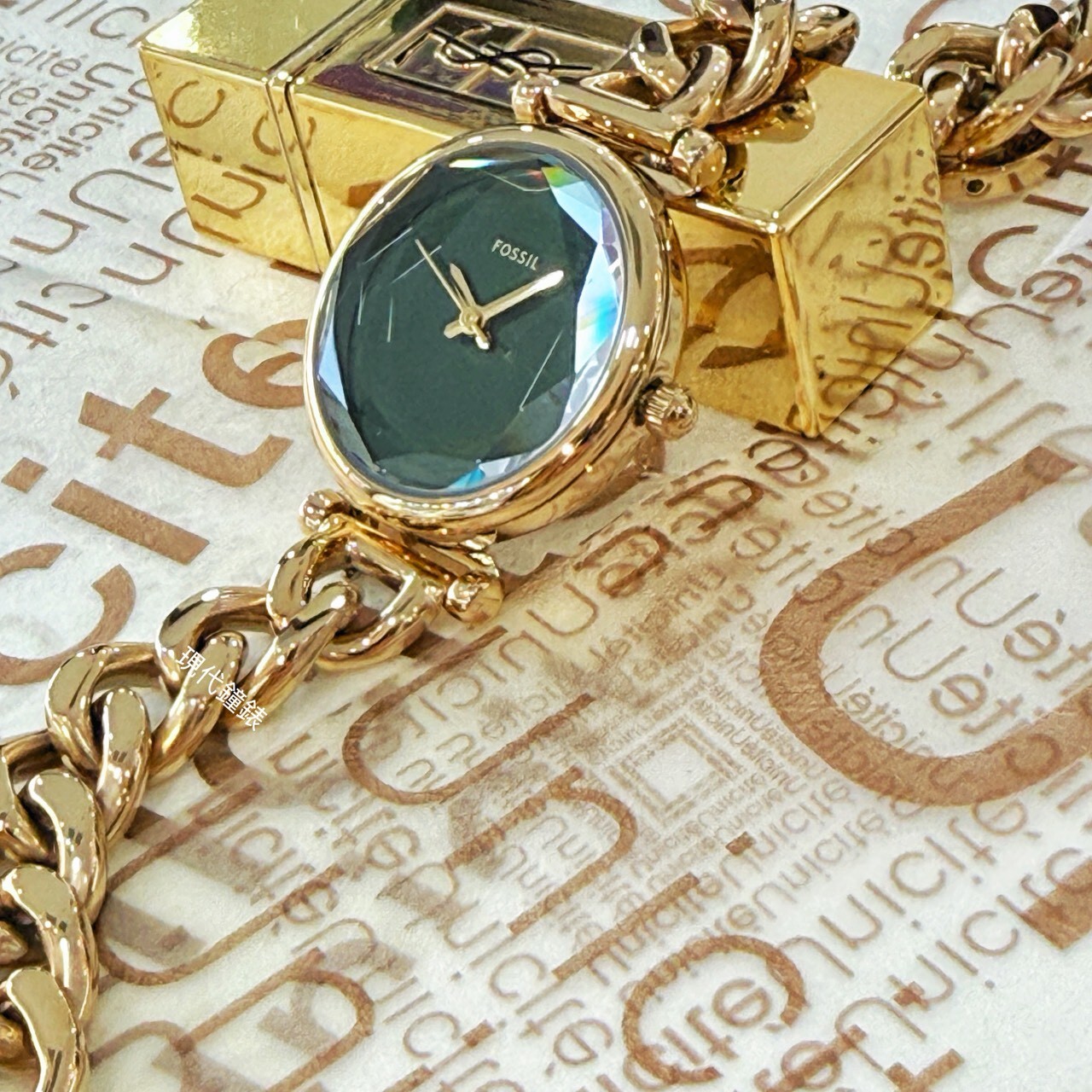【FOSSIL】Carlie mini 優雅金綠面手鍊式女錶ES5441 28mm 現代鐘錶