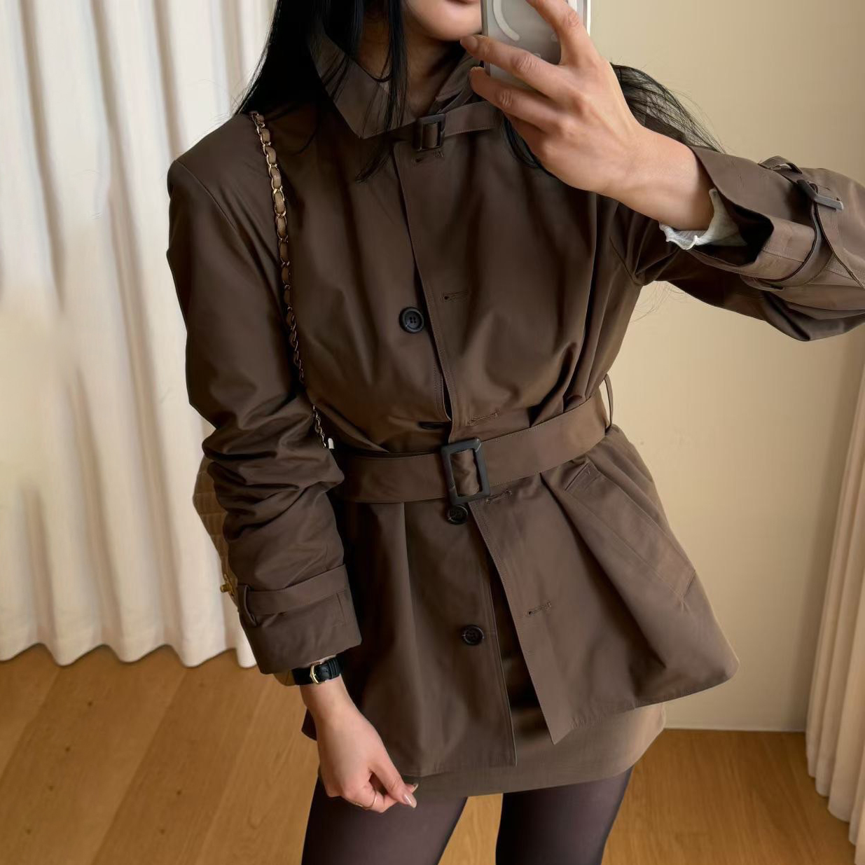 俐落感雙排釦造型翻領風衣外套-附腰帶 / 2色