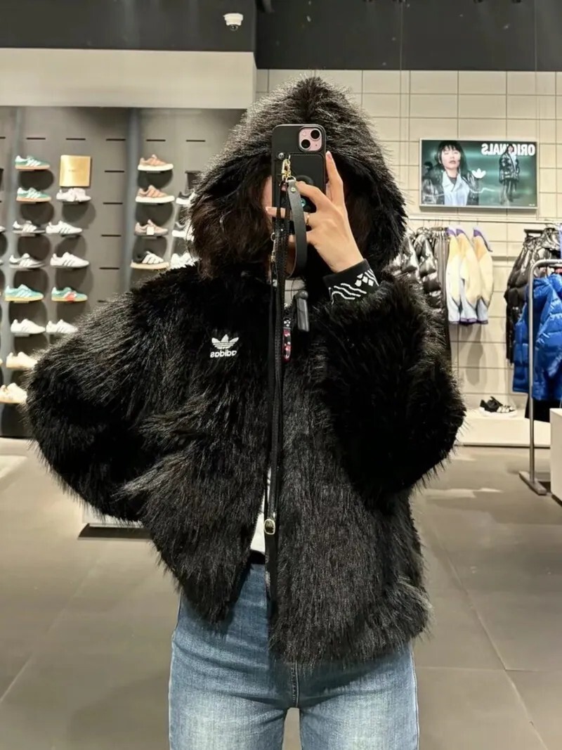 ADIDAS X FEIFEI RUAN 聯名款 連帽 毛毛外套