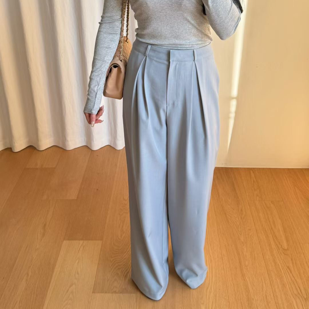 腰頭打褶造型落地直筒西裝褲長褲-S-Ｍ / 3色