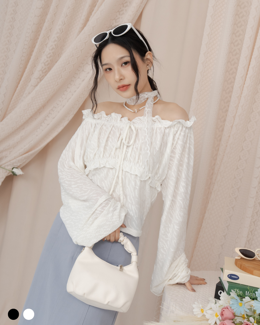 法式紋理荷葉綁帶上衣