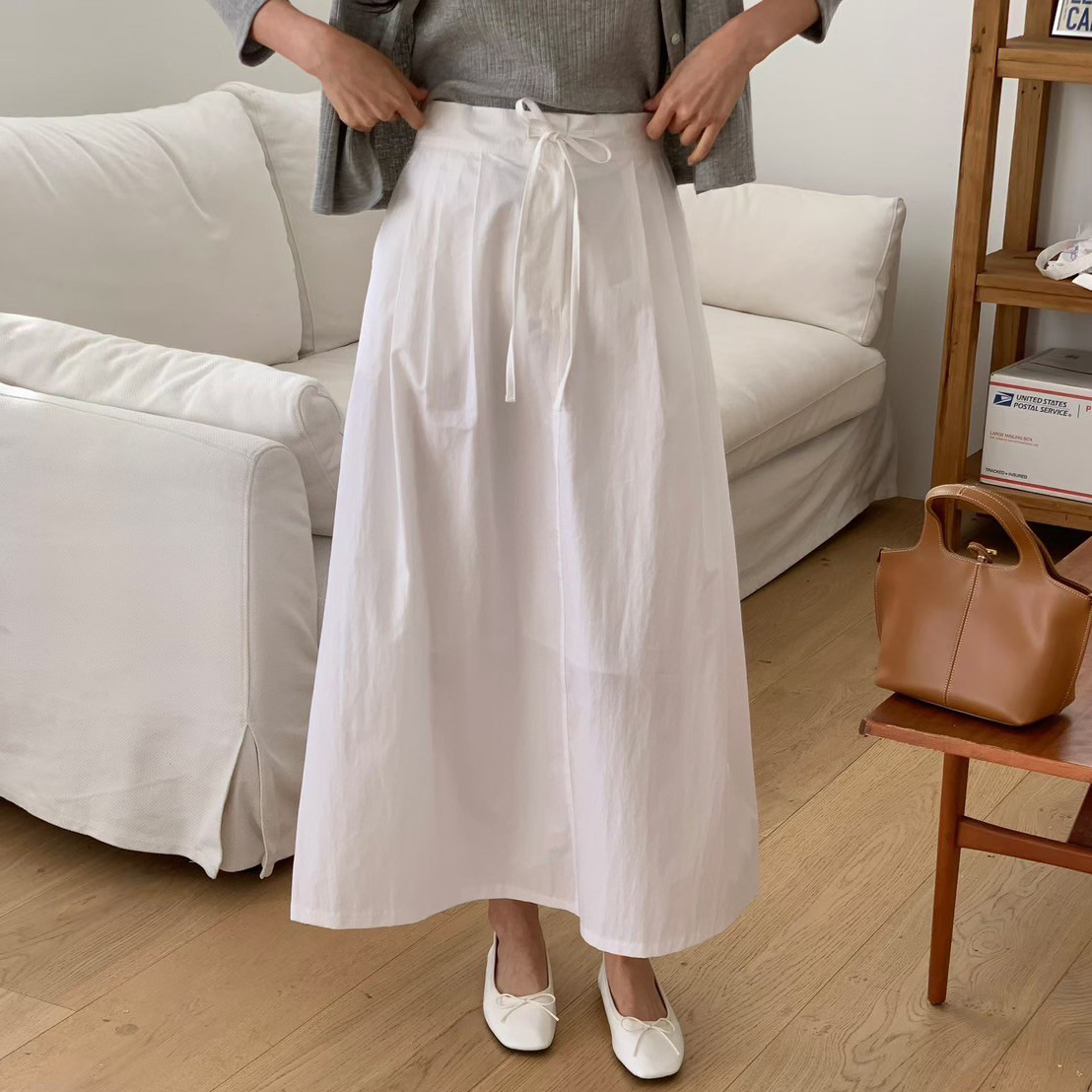 鬆緊腰綁帶蝴蝶結造型A字傘擺長裙-F / 2色