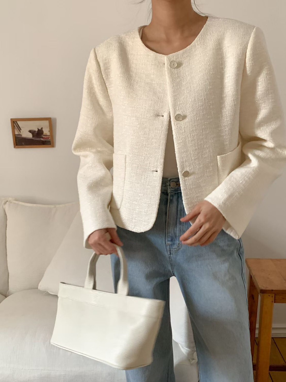 溫柔女子雙口袋圓領織紋感排釦外套 / 3色