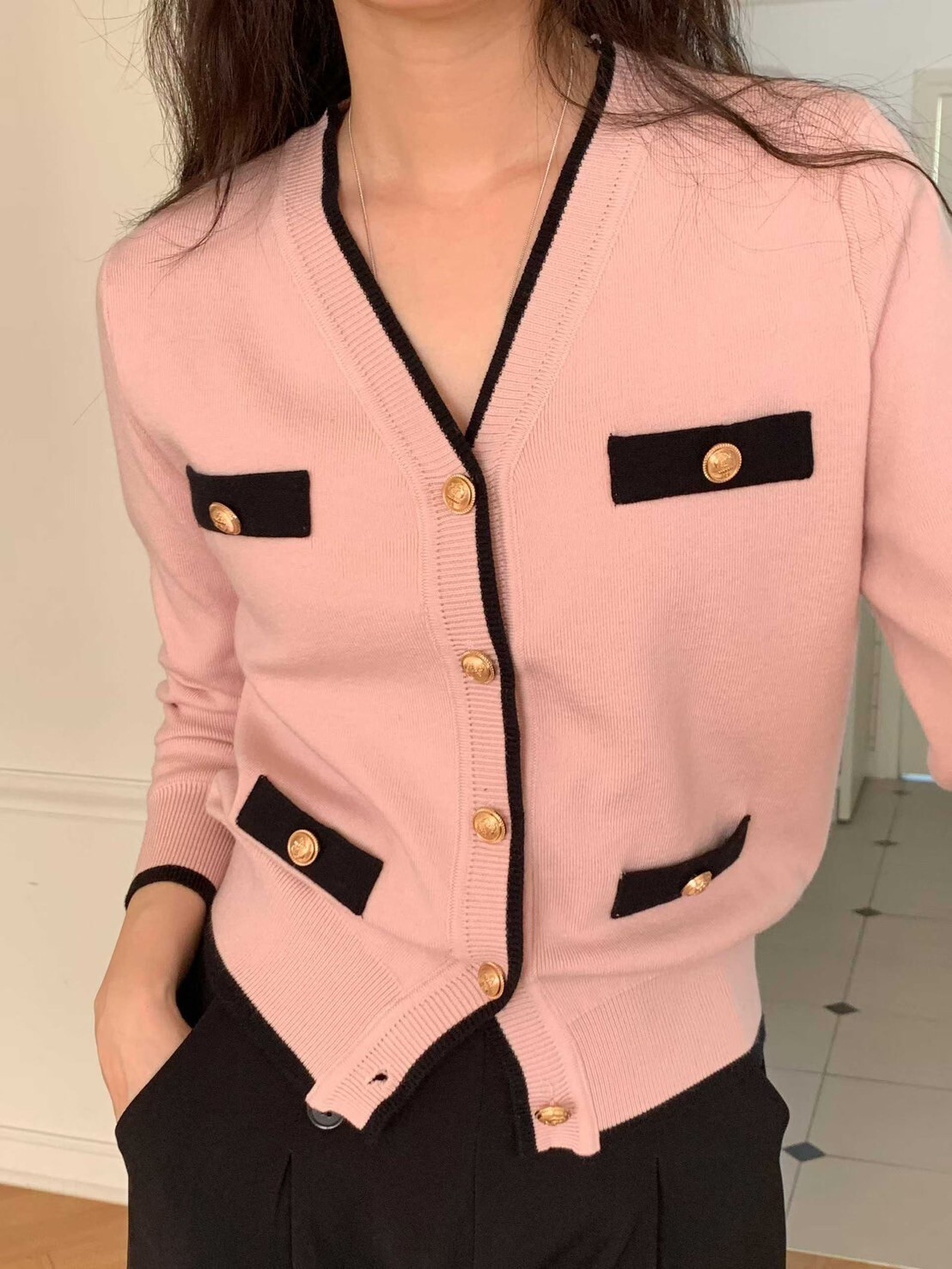 配色滾邊金色排釦造型V領上衣外套 / 3色