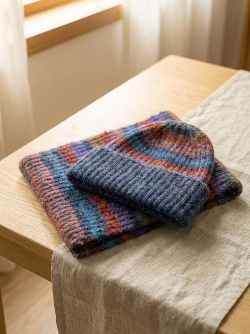 愛爾蘭混色條紋針織毛帽圍巾兩件組