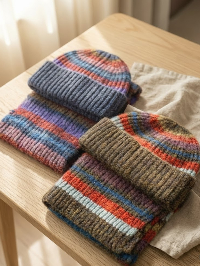 愛爾蘭混色條紋針織毛帽圍巾兩件組