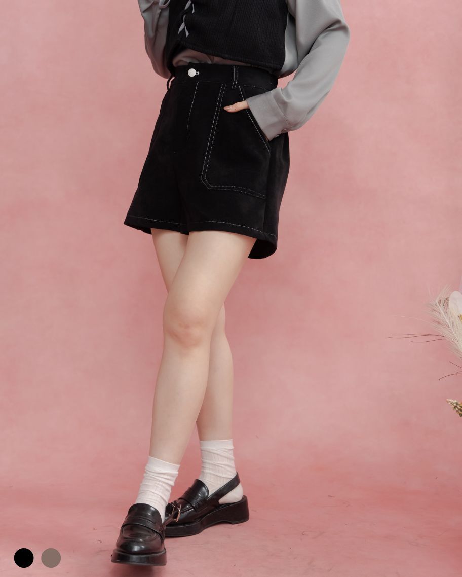 絨面撞色車線短褲