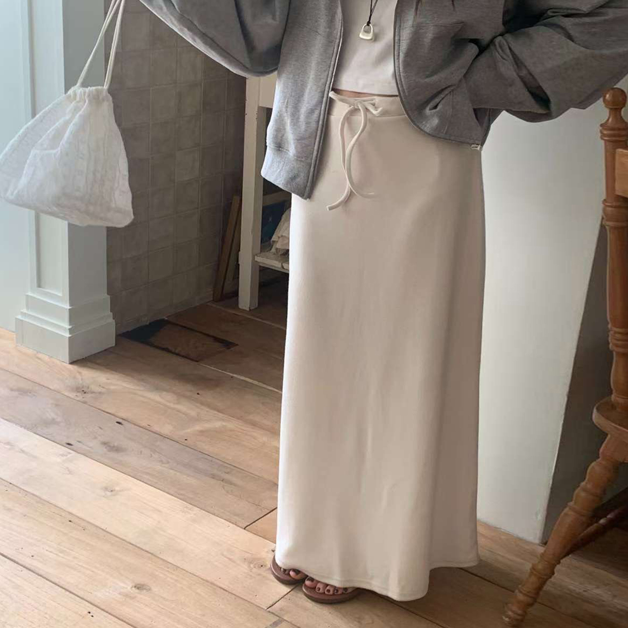 鬆緊腰綁帶造型落地修身感棉質長裙-F / 3色
