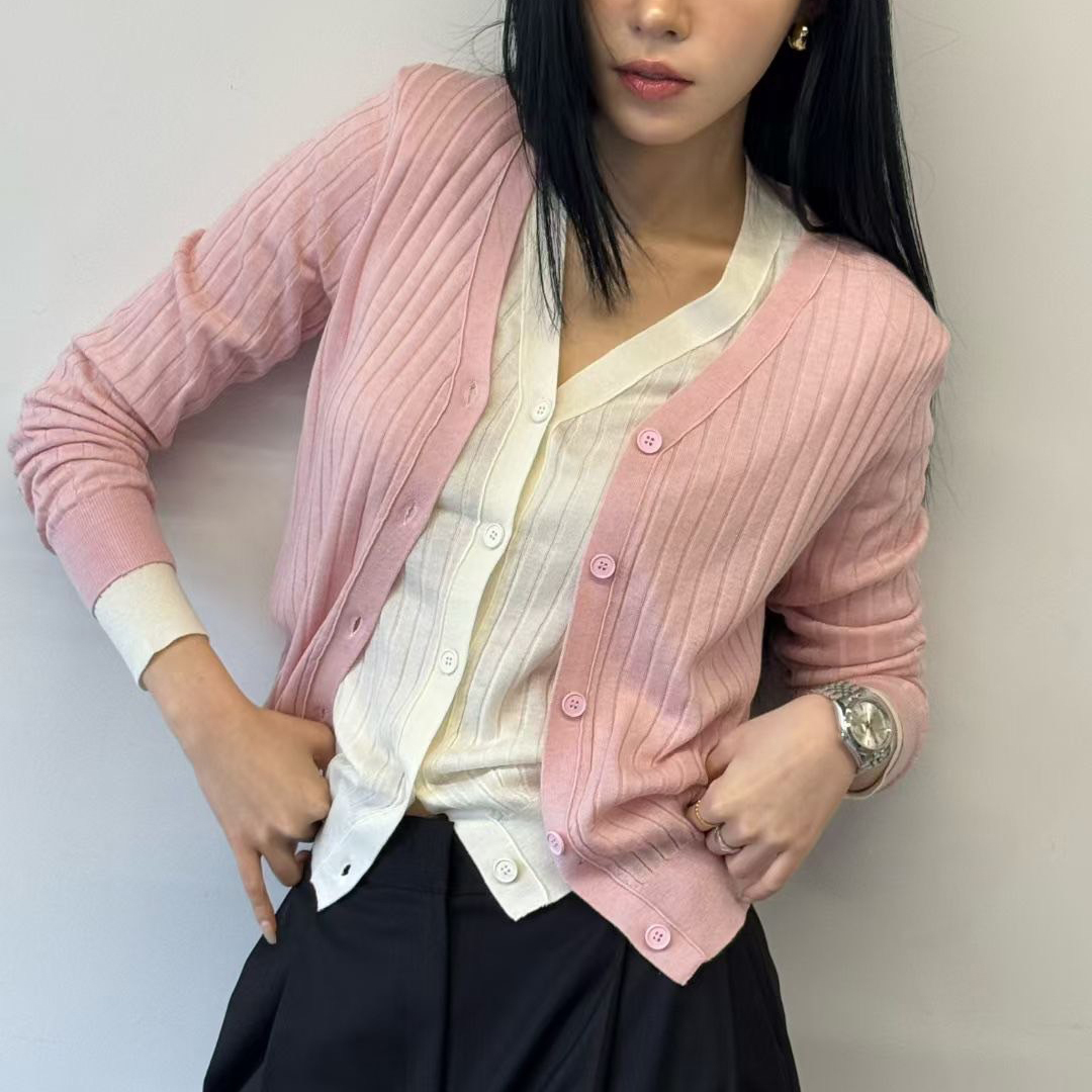 簡約百搭合身V領排釦螺紋上衣罩衫 / 5色