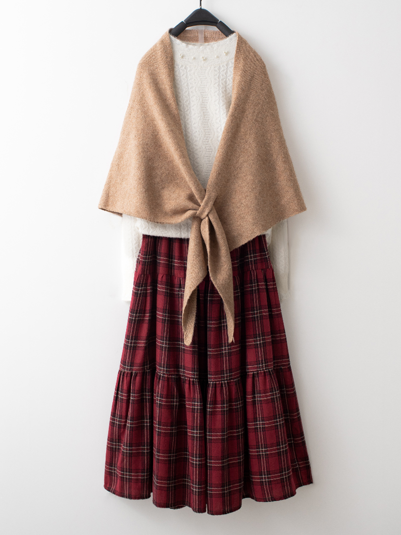 珍珠絨毛針織上衣格紋法蘭絨蛋糕長裙組合