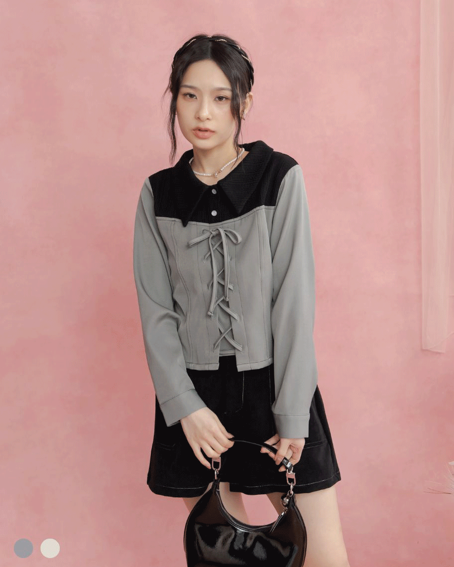 法式針織拼接綁帶上衣