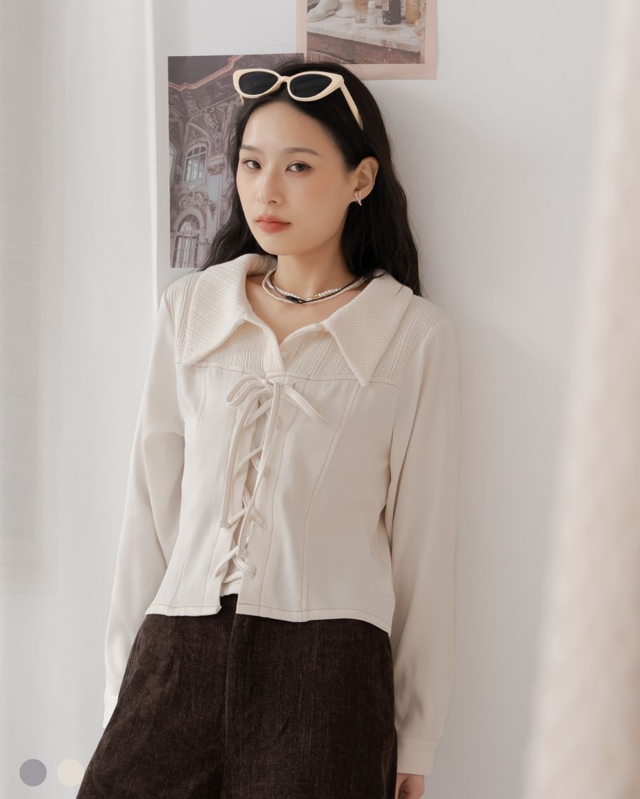 法式針織拼接綁帶上衣