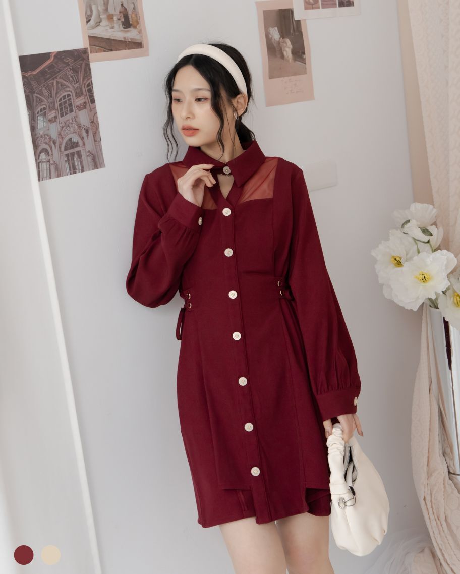 前簍空V字拼紗不對稱綁帶洋裝