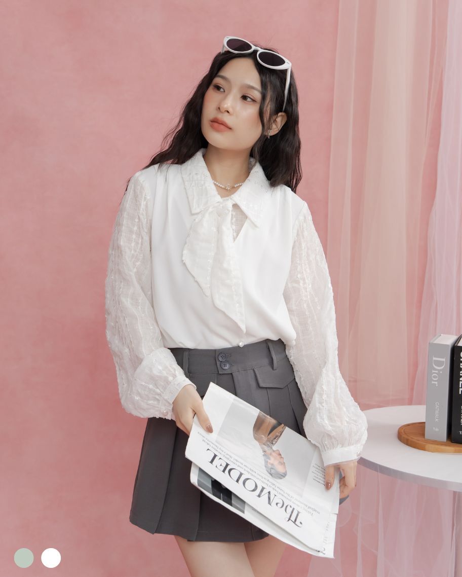 優雅蕾絲拼接領巾襯衫