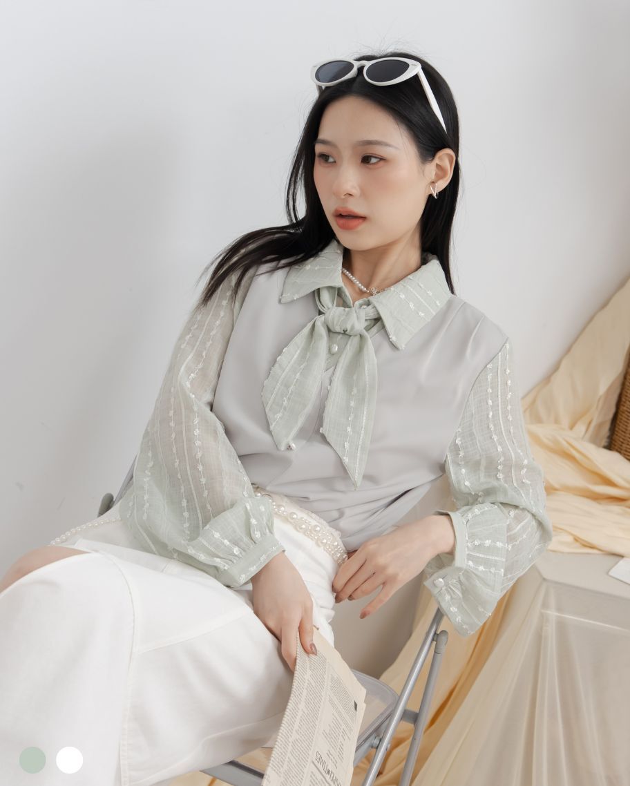 優雅蕾絲拼接領巾襯衫