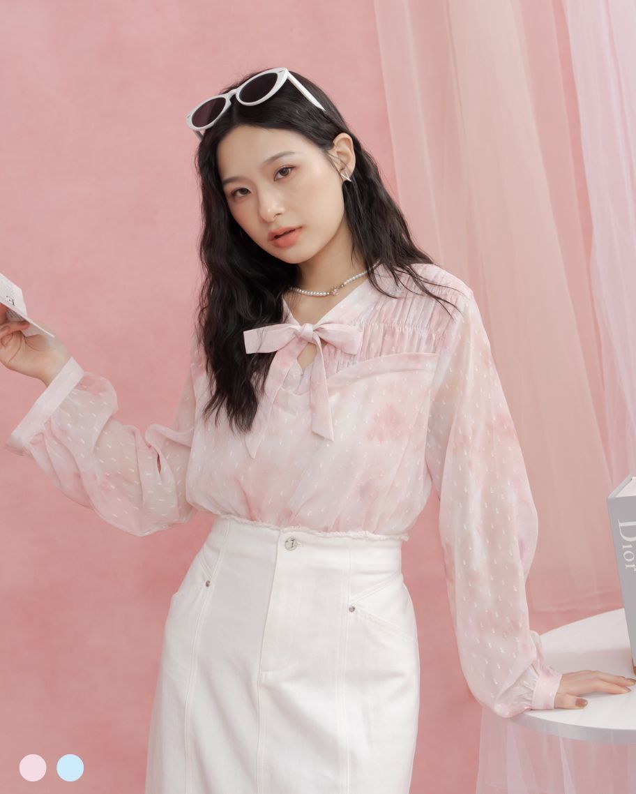 雲霧暈染雪紡抓皺綁帶上衣