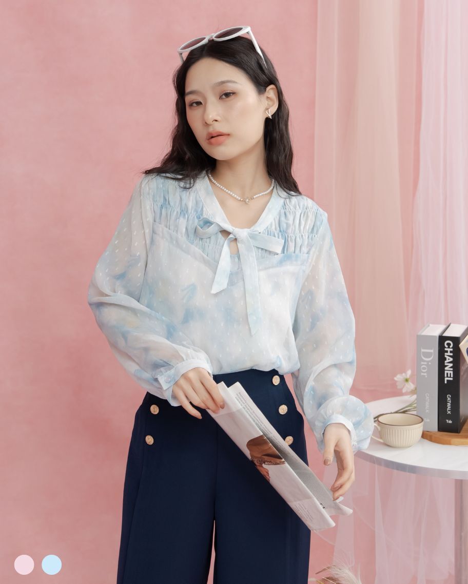 雲霧暈染雪紡抓皺綁帶上衣