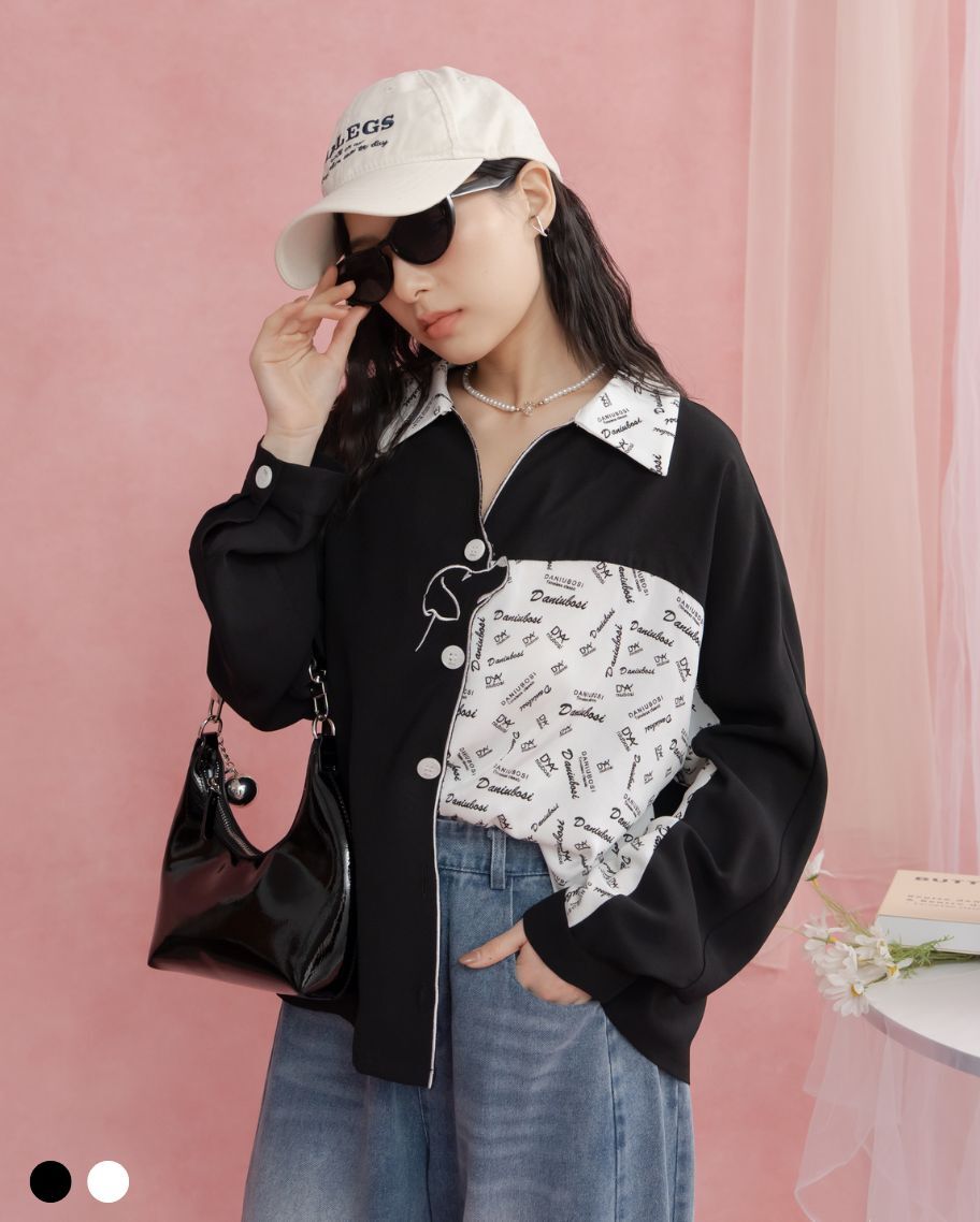 休閒質感小狗拼接字母襯衫