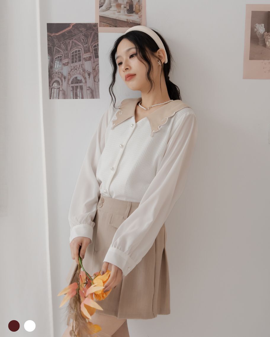 喵喵撞色領華夫格上衣