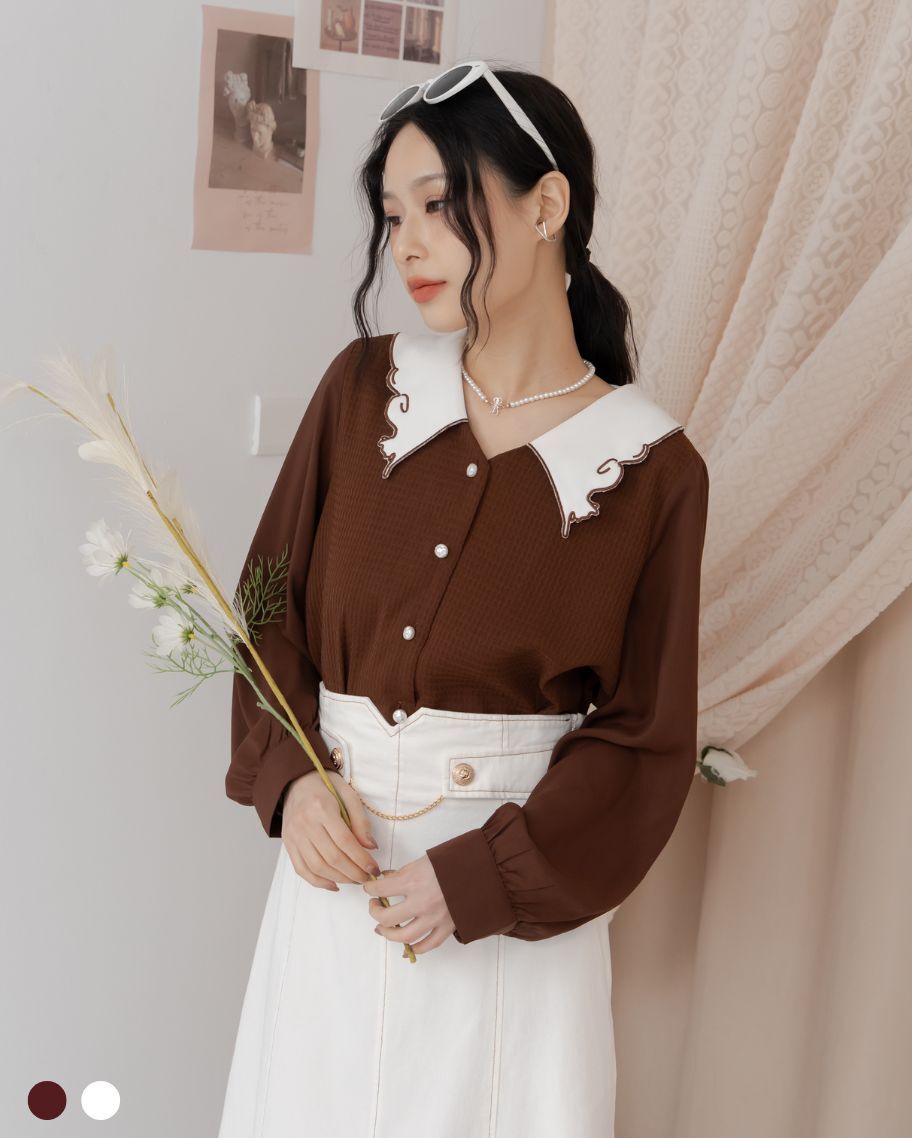 喵喵撞色領華夫格上衣