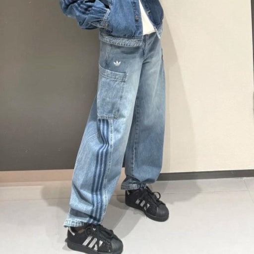 【Luxury】ADIDAS 愛迪達 彎刀褲 高腰寬褲 超顯瘦 兩色可選KR2627 / KR2628 牛仔褲 側邊大口袋