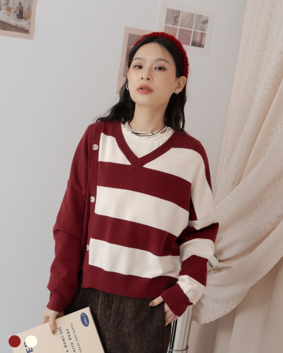 不對稱條紋拼接針織上衣