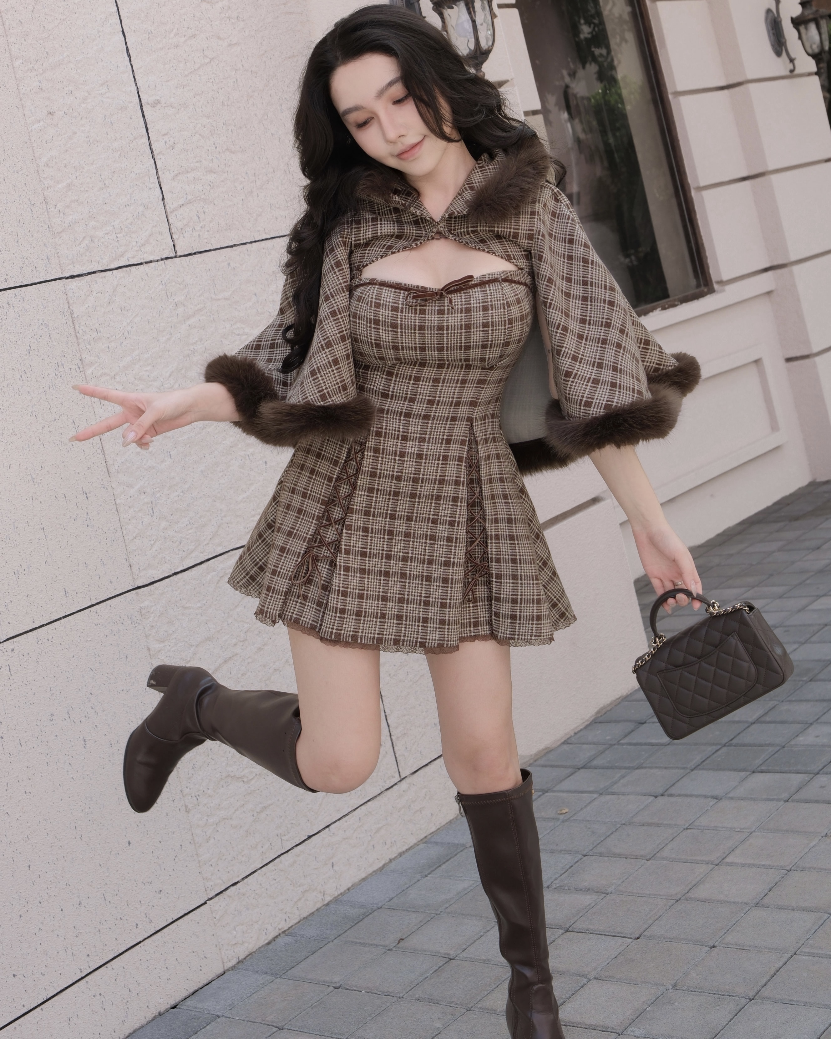 訂製-甜美毛呢格紋毛領斗篷套裝